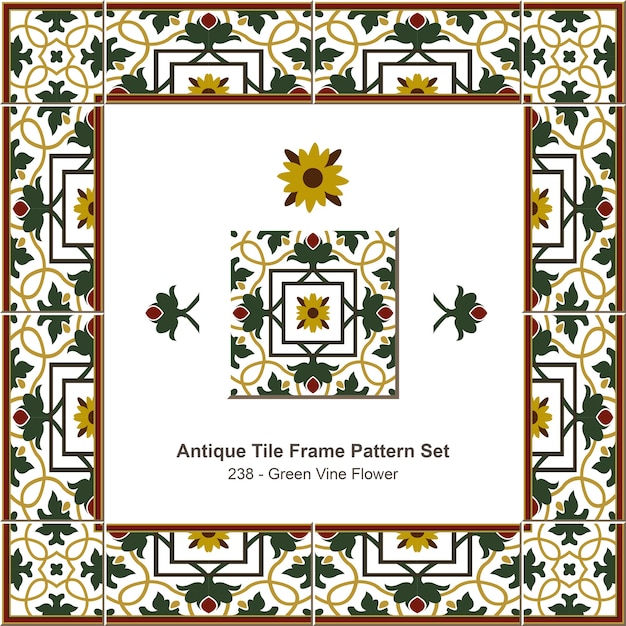 Conjunto de padrão de moldura de azulejos antigos botanic square cross green vine flower