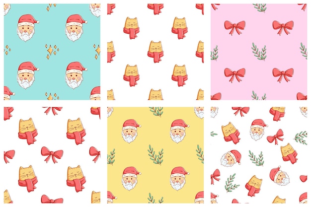 Conjunto de padrão de natal kawaii desenhando à mão o padrão de natal com o gato do papai noel e elementos de fita