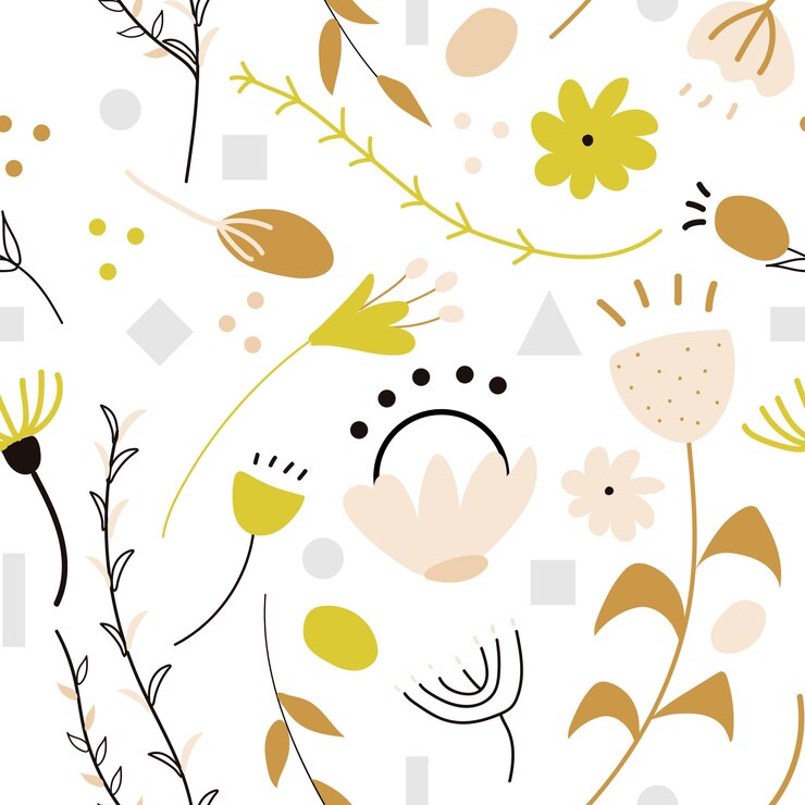 Conjunto de padrão decorativo de doodle abstrato desenhado à mão e elementos com flores coloridas