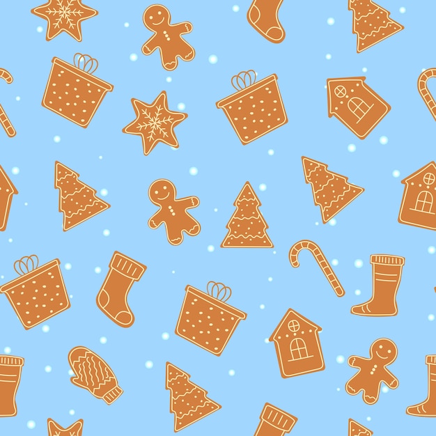 Conjunto de padrão sem emenda de biscoitos de gengibre de Natal bonito. Biscoitos deliciosos. Ilustração em vetor plana.