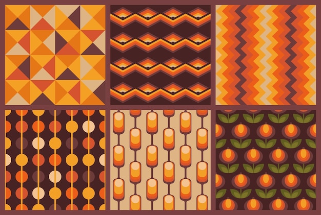 Conjunto de padrão sem emenda dos anos 1970 abstrato: formas aleatórias em cores laranja gradiente. Estilo Retro, Fundo Geométrico Vintage. Ilustração em vetor desenhados à mão. Papel de Parede Colorido dos Anos Setenta.