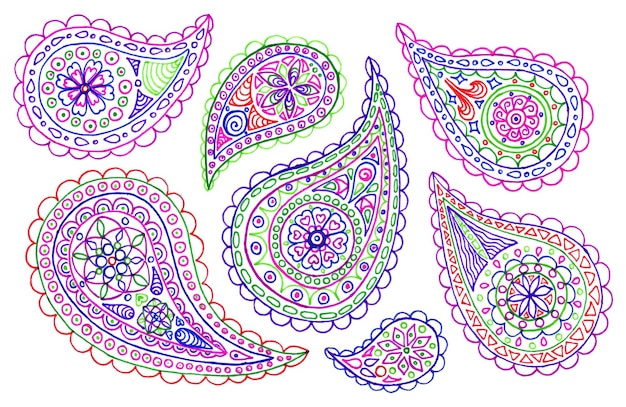 Conjunto de padrões coloridos de buta paisley vetor de rabiscos