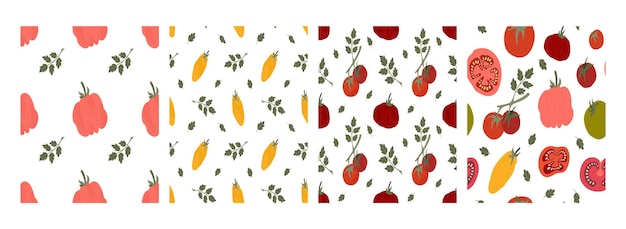 Conjunto de padrões com tomates ilustrações planas sobre fundo branco vetor grátis