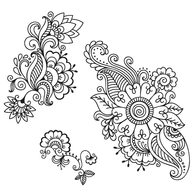 Vetor conjunto de padrões de flores mehndi para desenho de henna e decoração de tatuagem em estilo étnico oriental indiano doodle ornamento esboço mão desenho ilustração vetorial