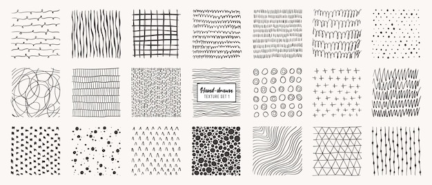 Conjunto de padrões de mão desenhada isolado. texturas feitas com tinta, lápis, pincel. Formas geométricas de doodle de manchas, pontos, círculos, traços, listras, linhas.