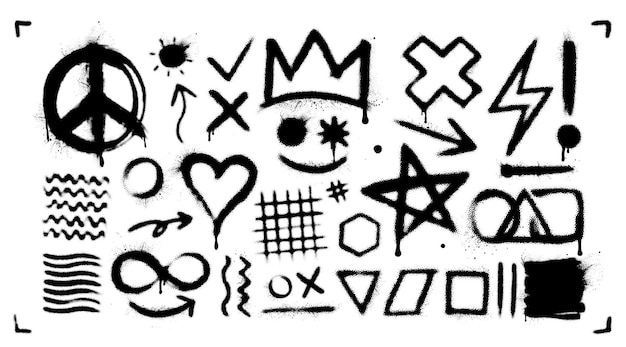 Conjunto de padrões de spray de graffiti preto colecção de símbolos de trovão de coroa de coração arco onda infinita formas geométricas círculo triângulo quadrado elemento de design gráfico conceito de paz