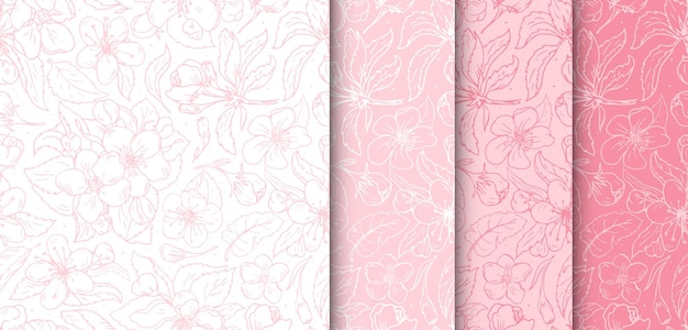 Vetor conjunto de padrões florais sem costura com flores cor-de-rosa desenhadas à mão flor de cerejeira para design têxtil