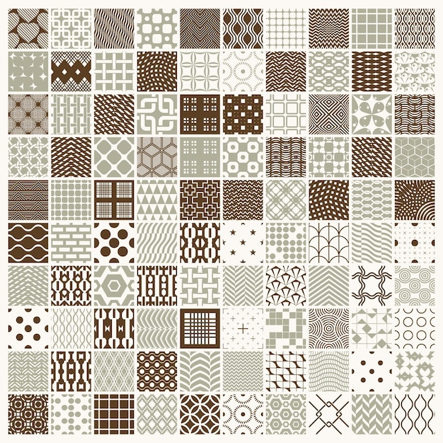 Conjunto de padrões geométricos infinitos vetoriais compostos com diferentes figuras como losangos, quadrados e círculos. 100 ladrilhos gráficos com textura ornamental podem ser usados em têxtil e design.
