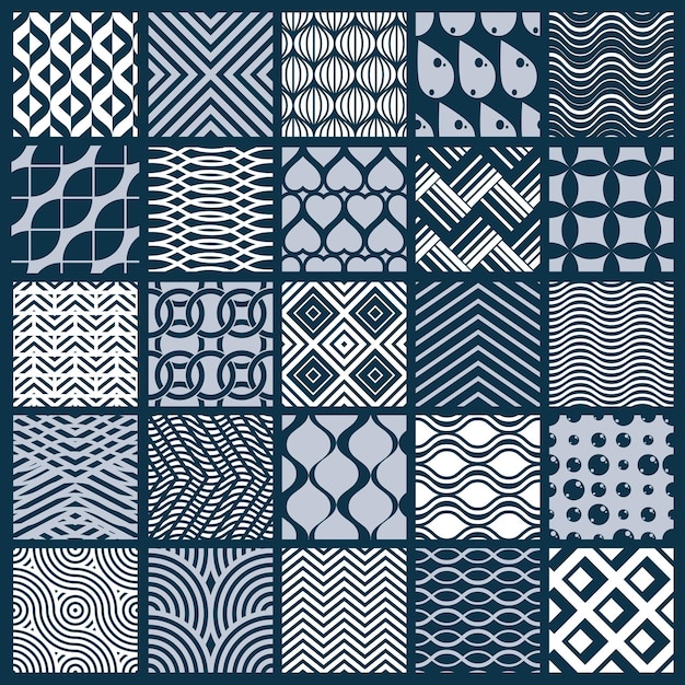 Vetor conjunto de padrões geométricos infinitos vetoriais compostos com diferentes figuras como losangos, quadrados e círculos. azulejos decorativos gráficos feitos nas cores preto e branco.