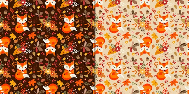 Vetor conjunto de padrões sem costura com folhas de outono e raposa vermelha em fundo marrom e bege