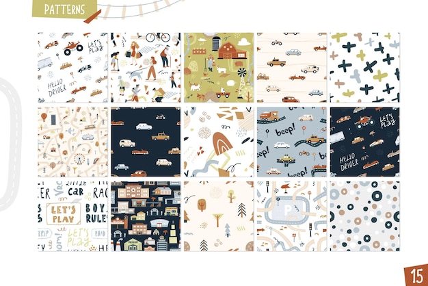 Vetor conjunto de padrões sem costura vida urbana ilustração engraçada dos desenhos animados isolada no fundo branco vector