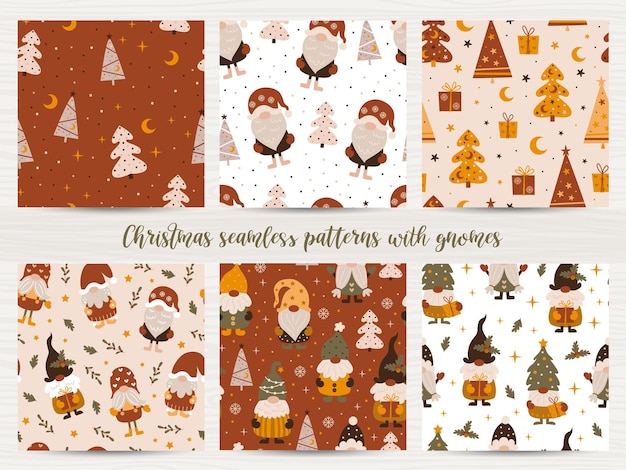 Conjunto de padrões sem emenda com árvores de gnomos e chtistmas. ilustração vetorial para papel de embrulho e scrapbooking