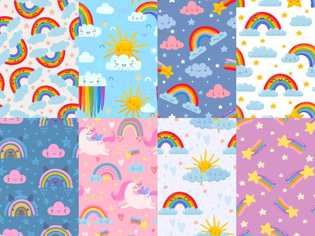 Conjunto de padrões sem emenda de arco-íris fofo
