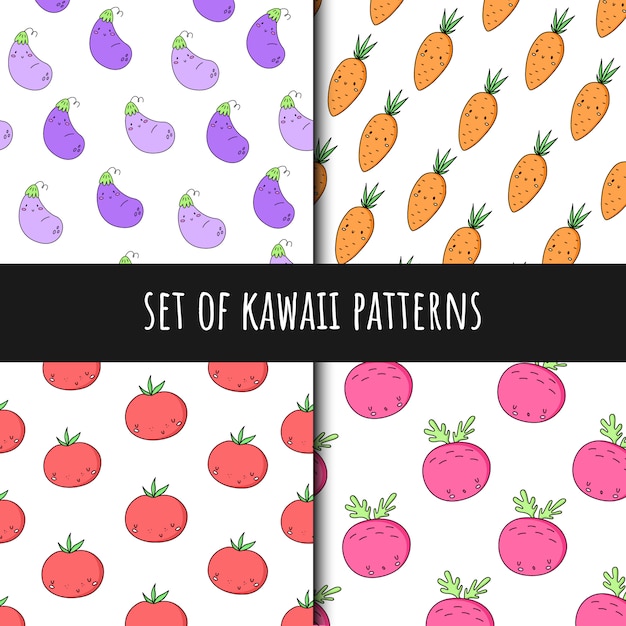 Conjunto de padrões sem emenda de vetores em estilo kawaii