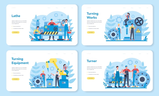 Conjunto de páginas de destino da web de Turner ou torno. Operário de fábrica usando máquina de giro para fazer detalhes de metal. Metalurgia e fabricação industrial. Ilustração em vetor plana isolada