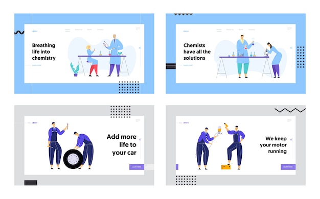 Conjunto de páginas de destino do site, mecânica, equipe de serviço de reparo com instrumentos, página da web de manutenção de automóveis.