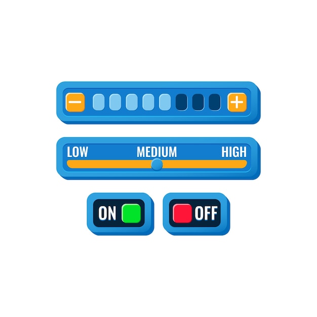 Conjunto de painel de configuração de controle de interface do usuário engraçado colorido com botão liga / desliga e menu de progresso