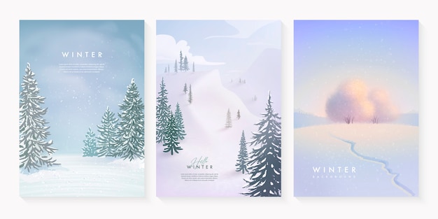 Conjunto de paisagem de inverno com nevascas e árvores