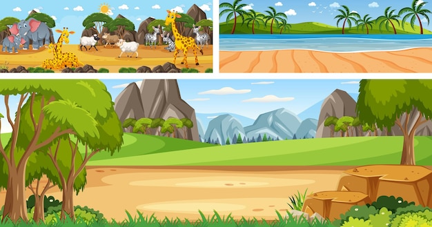 Conjunto de paisagem panorâmica ao ar livre com personagem de desenho animado