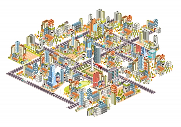 Conjunto de paisagem urbana 3d isométrica com edifícios, ruas, casas e muito mais. 3D design ilustração vector