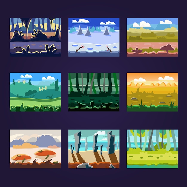 Conjunto de paisagens sem costura dos desenhos animados