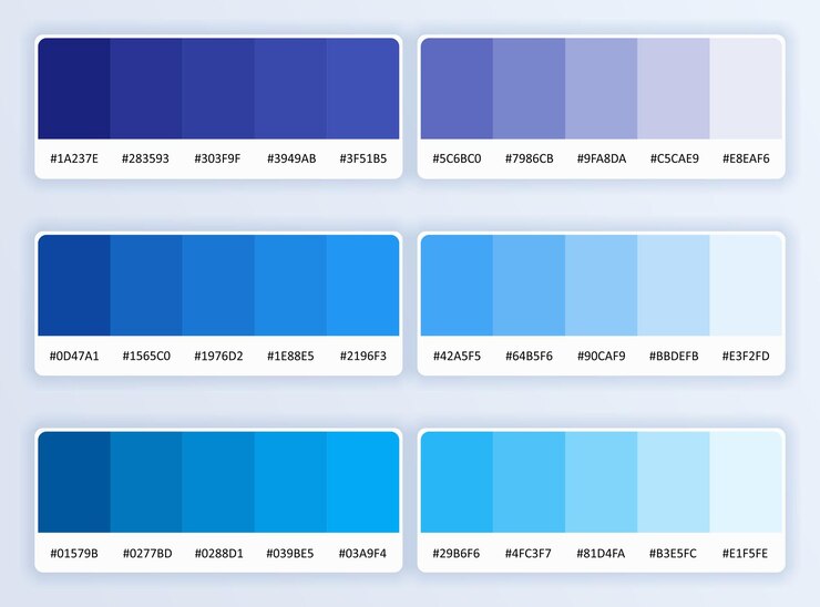 Vetor conjunto de paleta de cores pantone azul de moda em catálogo de cores rgb hex azul
