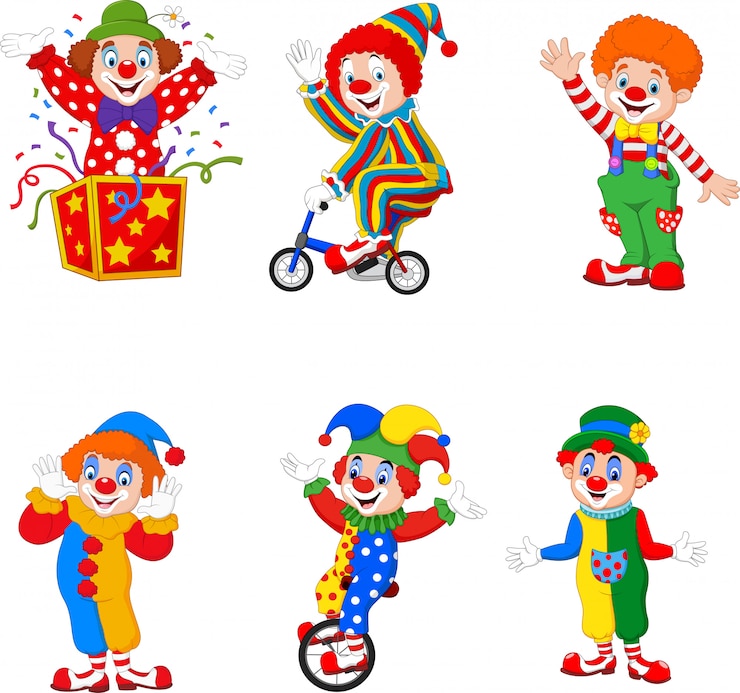 Vetor conjunto de palhaços felizes dos desenhos animados em diferentes ações