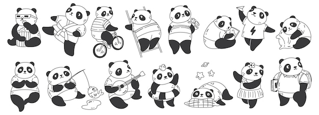 Conjunto de panda bonito dos desenhos animados fazendo várias atividades
