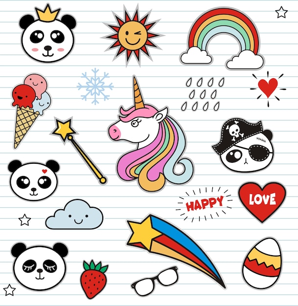 Conjunto de panda colorido doodle em fundo de papel