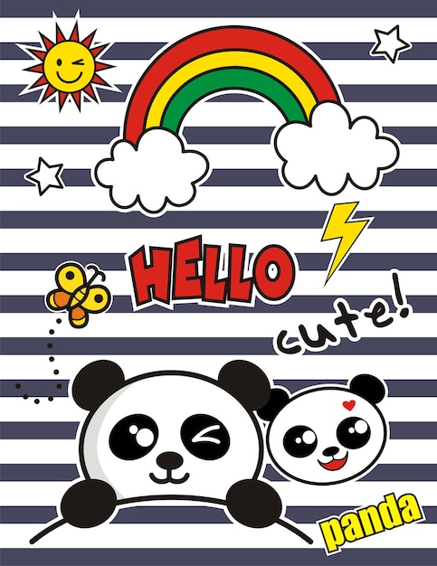 Conjunto de panda colorido doodle em fundo de papel