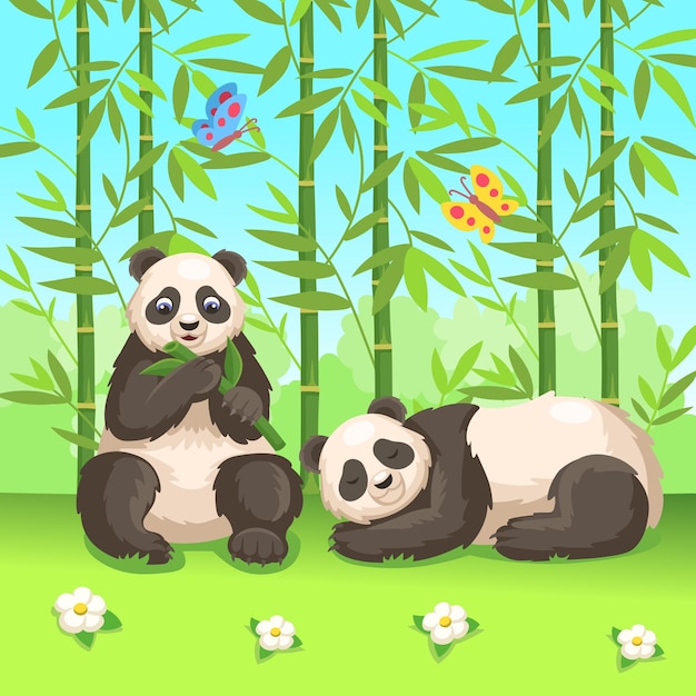 Vetor conjunto de panda grande e bonito panda comendo folhas de bambu panda dormindo pandas em uma clareira