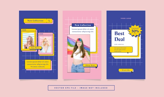 Conjunto de panfleto de histórias com tema retro da moda de cores rosa azul para mídia social.