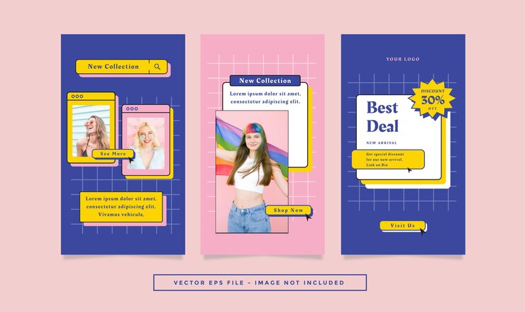 Conjunto de panfleto de histórias com tema retro da moda de cores rosa azul para mídia social.