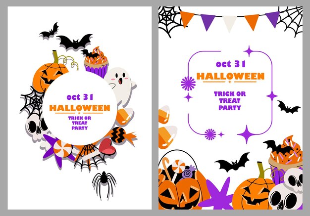 Conjunto de panfletos de festa de Halloween convites cartões de saudação com púrpura bonitas abóboras morcego fantasma