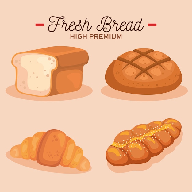 Conjunto de pão de estilo isolado de padaria, ilustração de tema de café da manhã em loja de alimentos