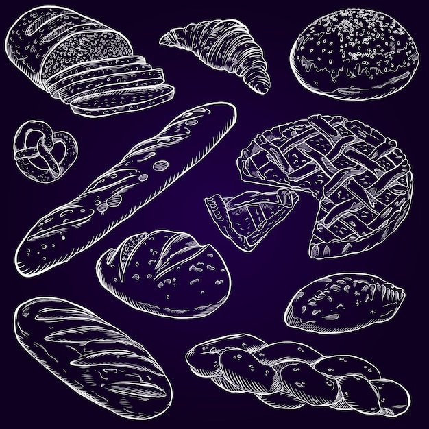 Conjunto de pão elemento de padaria desenhado à mão doodle vetorial para menus de café e padaria