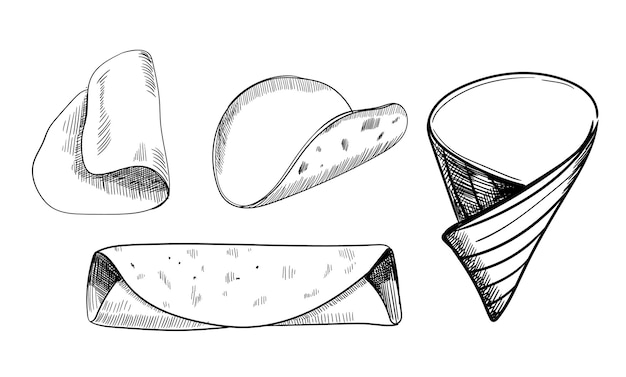 Vetor conjunto de pão pita de trigo ingrediente para cozinhar tortilla burrito taco burritos tacos pães realistas design de comida design elegante com ilustração de esboço ilustração vetorial