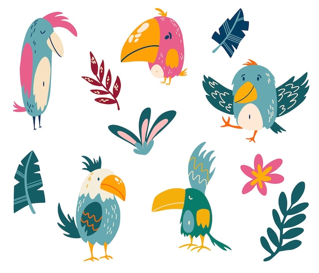 Vetor conjunto de papagaios e folhas tropicais aves exóticas ótimo para impressões de cartões infantis e cartão de saudação ilustração de clip art vetorial isolada