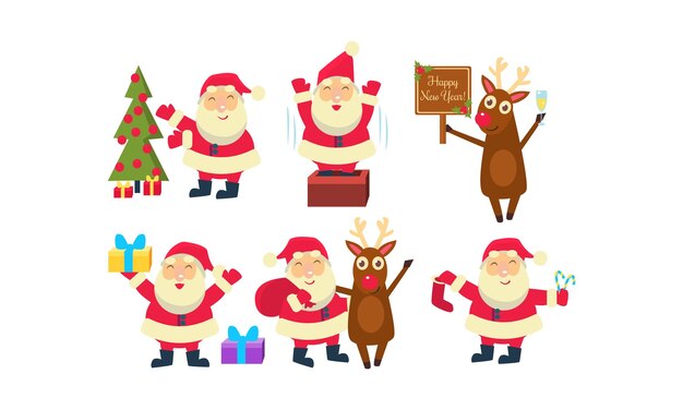 Conjunto de Papai Noel em diferentes ações Engraçado renas verde abeto e presentes de Natal elementos de decoração para cartão postal ou banner desenhos animados ilustrações vetoriais planas isoladas em fundo branco