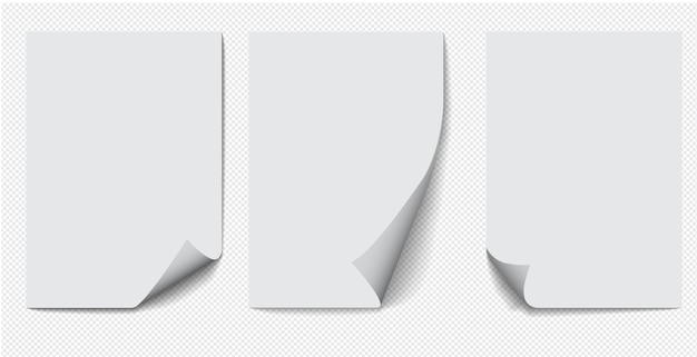 Conjunto de papel A4 com canto enrolado em fundo transparente com sombras, página de papel realista.