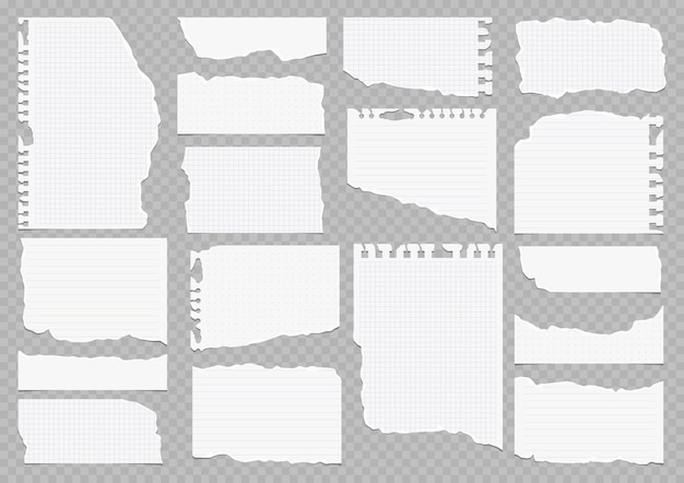 Conjunto de papel rasgado e quadrado Folha de papel rasgada de um caderno com bordas ásperas Ilustração vetorial de notas adesivas e páginas de caderno para banners cartazes posts