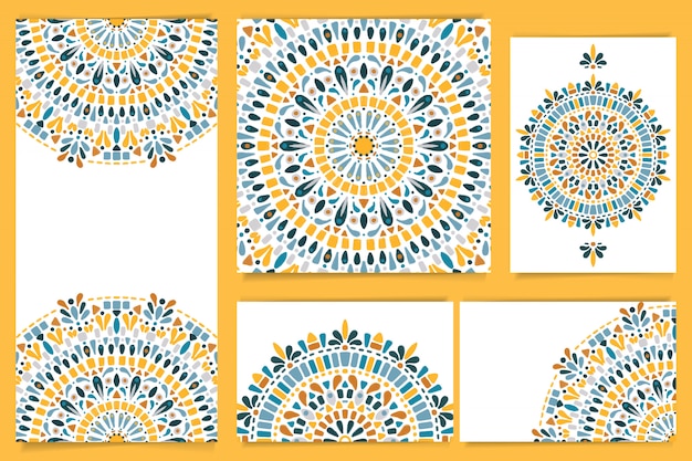 Conjunto de papelaria mandala aquarela azul e amarelo