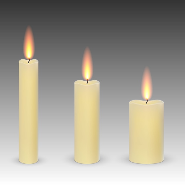 Conjunto de parafina realista queimando velas isoladas