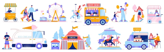 Conjunto de parque de diversões de feira de diversões de ícones isolados e composições de personagens humanos, vans e arcades de mercado ilustração vetorial