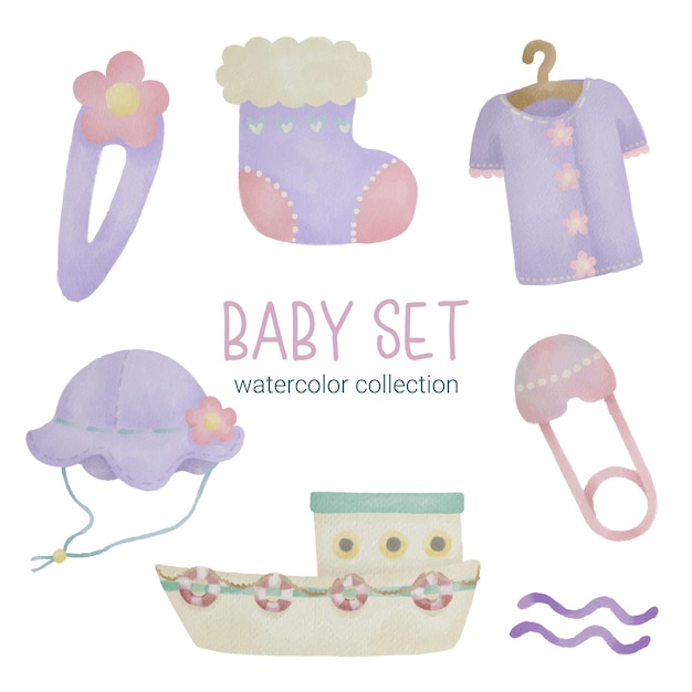 Conjunto de peças separadas e reunir roupas bonitas, itens de bebê e brinquedos em estilo de cores de água em fundo branco ilustração vetorial aquarela