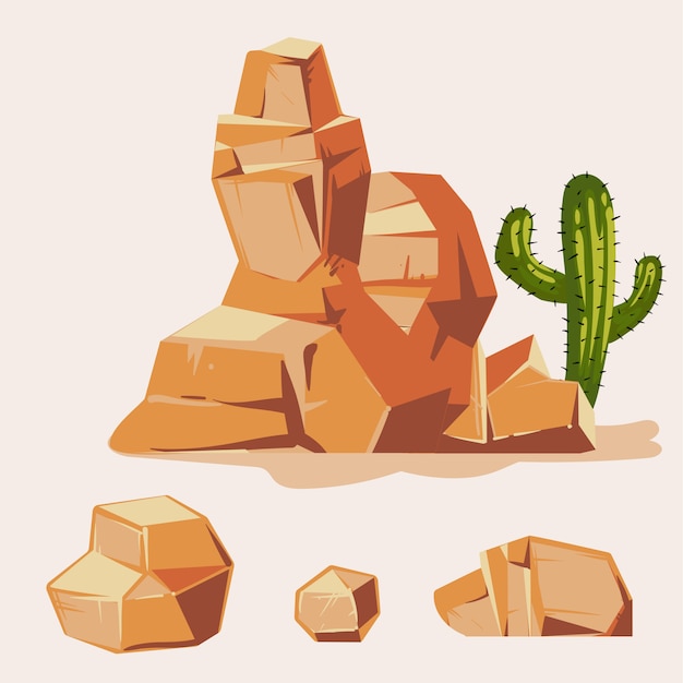 Conjunto de pedras do deserto. estilo simples 3d isométrica dos desenhos animados. jogo, diferente, pedregulhos