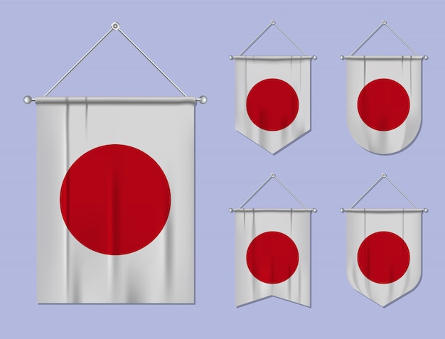 Conjunto de pendurar bandeiras japão com textura têxtil. formas de diversidade do país de bandeira nacional. galhardete de modelo vertical