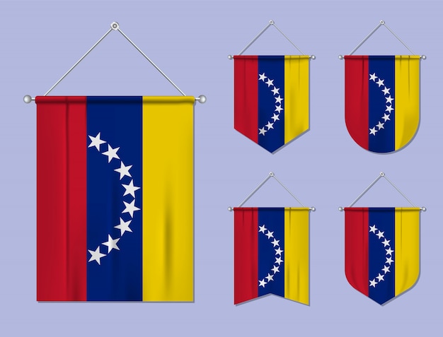 Conjunto de pendurar bandeiras venezuela com textura têxtil. formas de diversidade do país de bandeira nacional. galhardete de modelo vertical.