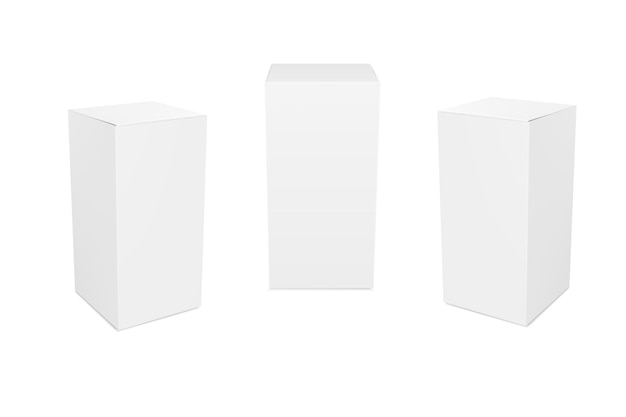 Conjunto de pequenas caixas de papelão brancas largas maquete vetorial caixas fechadas em fundo branco modelo em branco