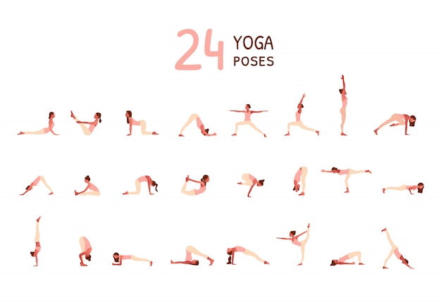 Conjunto de pequenas mulheres realizando poses de ioga. Mulheres praticando asana